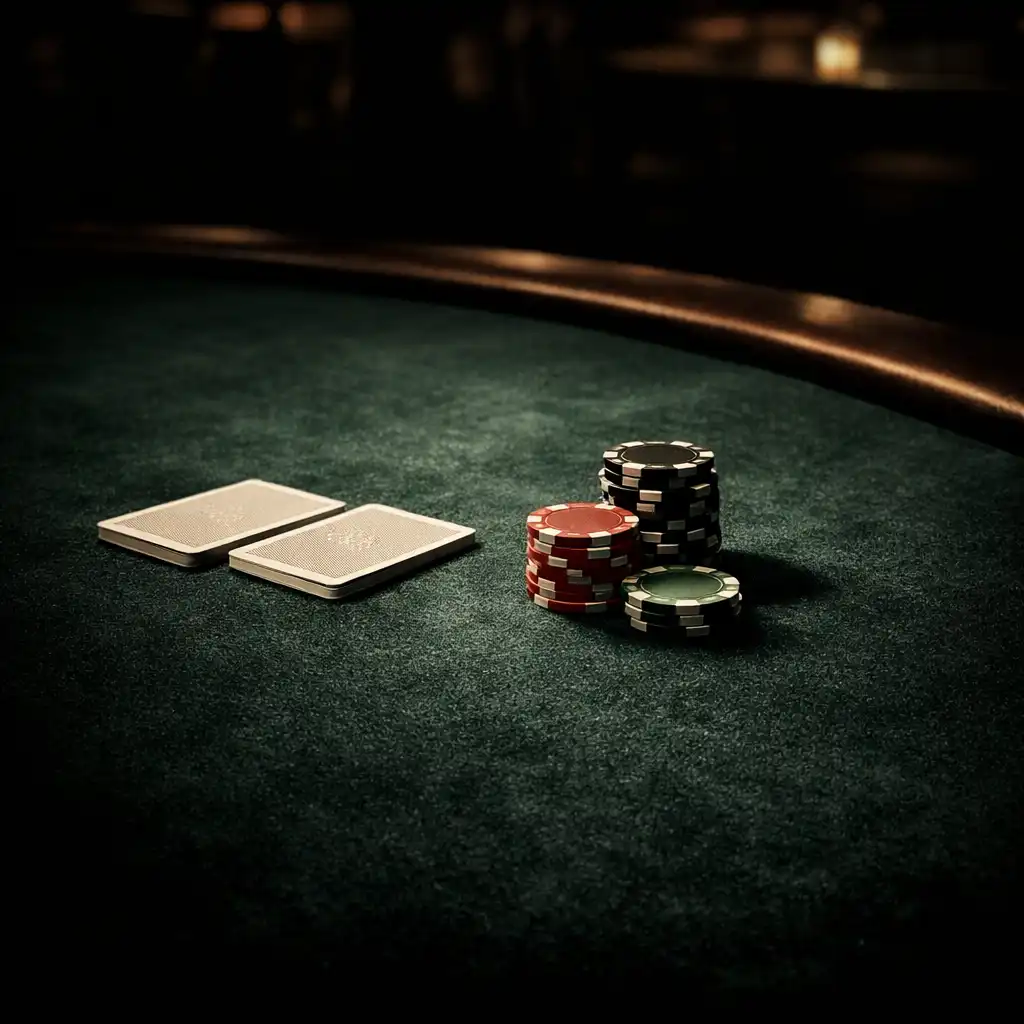 Premium poker table with cards and chips in a dimly lit venue