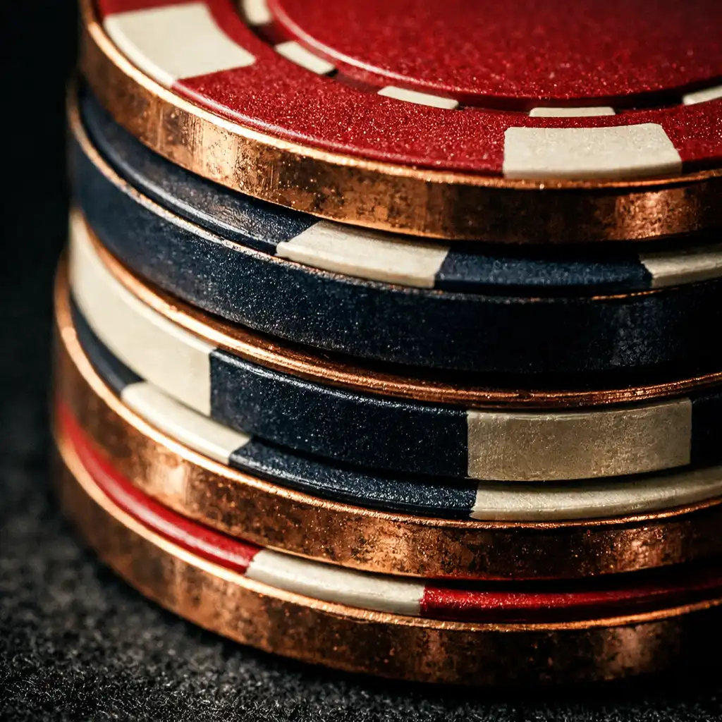 Extreme close-up of poker chips on dark felt