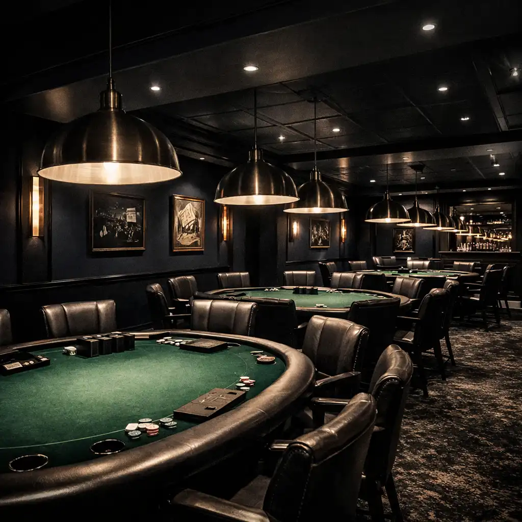 Wide-angle view of the dedicated poker room with several tables