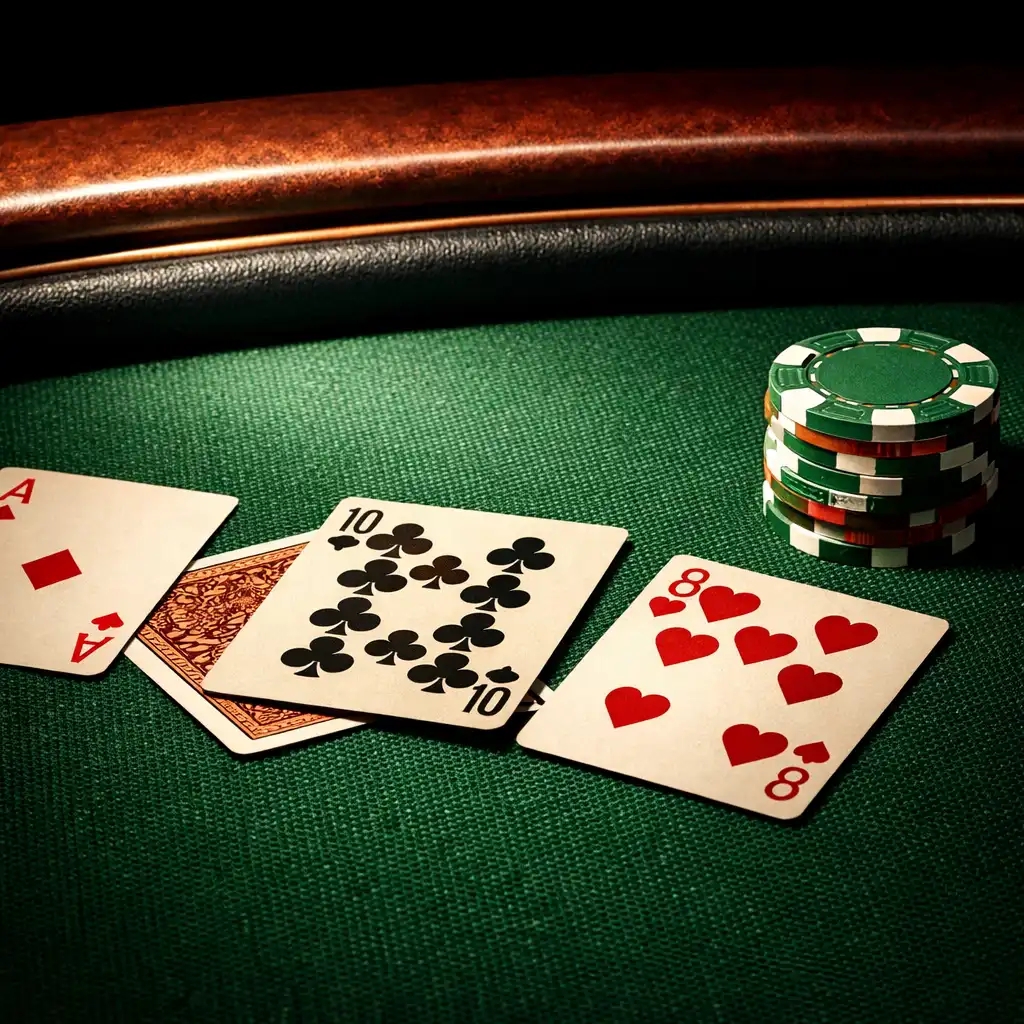 Close-up of a professional poker table surface with cards and chips